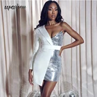 Женское платье-блейзер 2021, белое лоскутное вечернее платье на одно плечо с блестками, женское облегающее платье, мини-платье с блестками, Сексуальные клубные платья