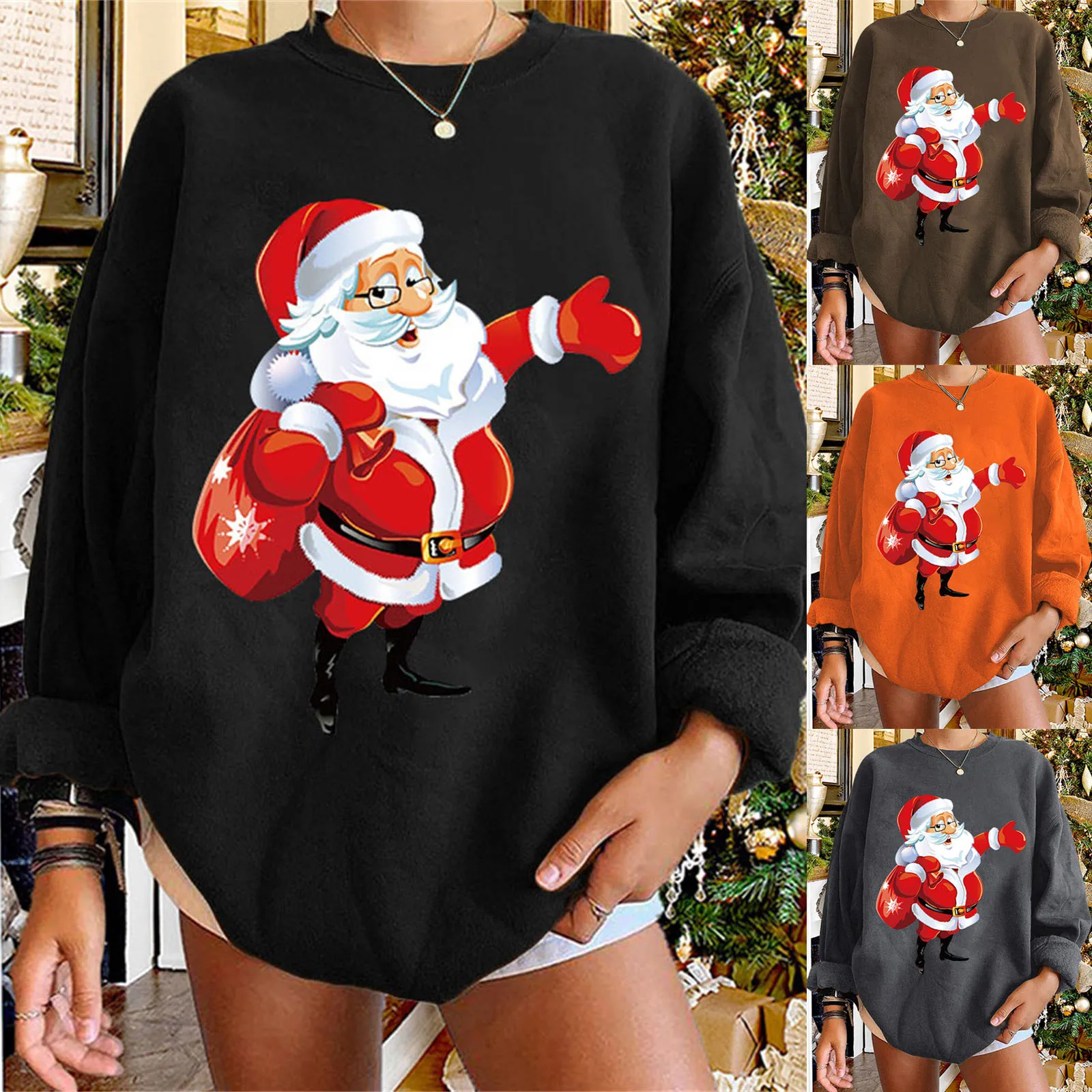 

Christmas Santa Claus Print Hoodie Women Loose Crewneck Long Sleeve Sweatshirts Basic Pullovers Oversized Fleece Thicken Moletom