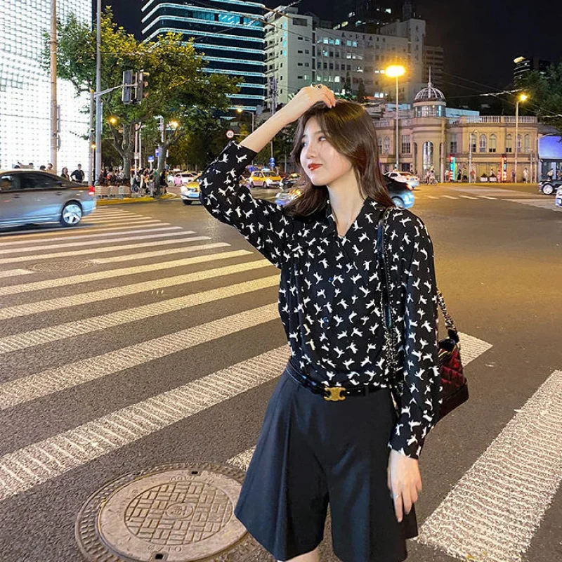 

New Lapel Long Sleeve Blouse Plus Size Top Comfortable Casual Fashion Shirt Summer Printing Chiffon Blouses