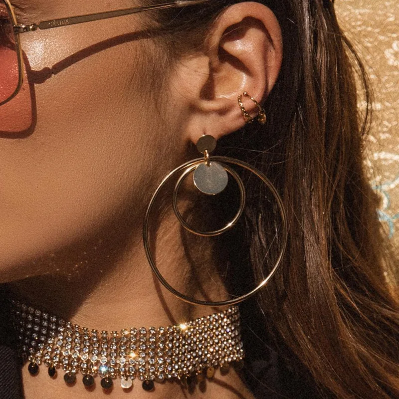 Модные золотые серьги гвоздики для женщин металлические полые круглые большие