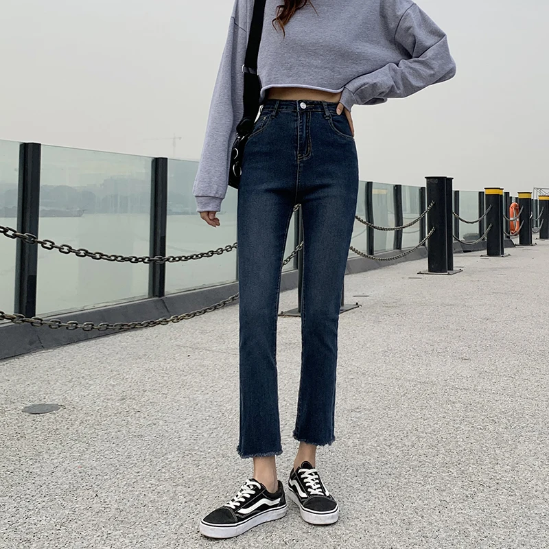 

Shnsophi High Waist Retro Blue Washed Women Denim Pants Streetwear Female Ankle Length Ripped Vintage Jeans Ladies Trousers