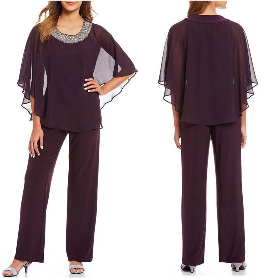 

Two Pieces Custom With Half Sleeve Chiffon Mother Of The Bride Pant Suits Formal Trousers Suits Prom Party Gown O-Neck Beaded