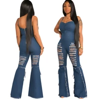 women hole denim jumpsuits sexy sling chest wrapping pleated female outfits fashion tassel patchwork skinny flare jumpsuits blue