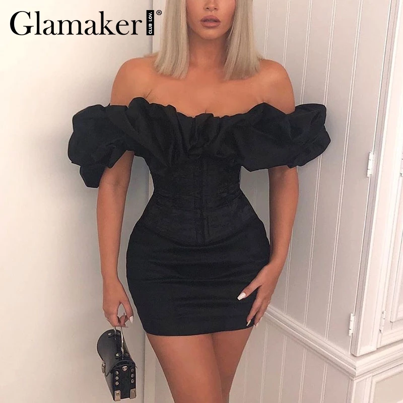 Glamaker с открытыми плечами сексуальное короткое платье с оборками женское черное облегающее осеннее платье с пышными рукавами женские винтажные вечерние Клубные мини-платья