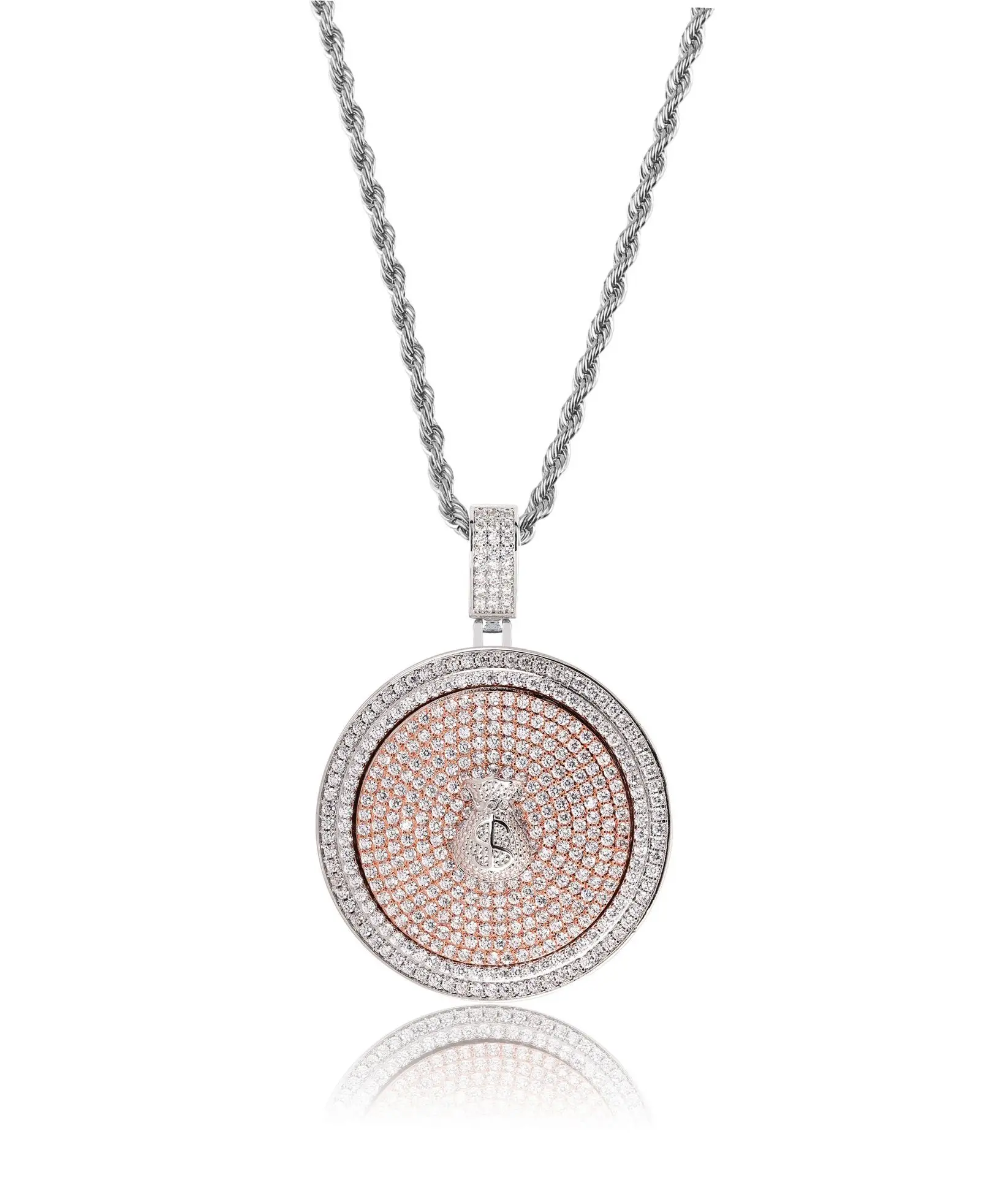 

Gold And Silver 2020 Hip-Hop Men And Women Dollar Sign Money Bag Rotating Disc Pendant Hip Hop Pendant Personalized Jewelry Gift
