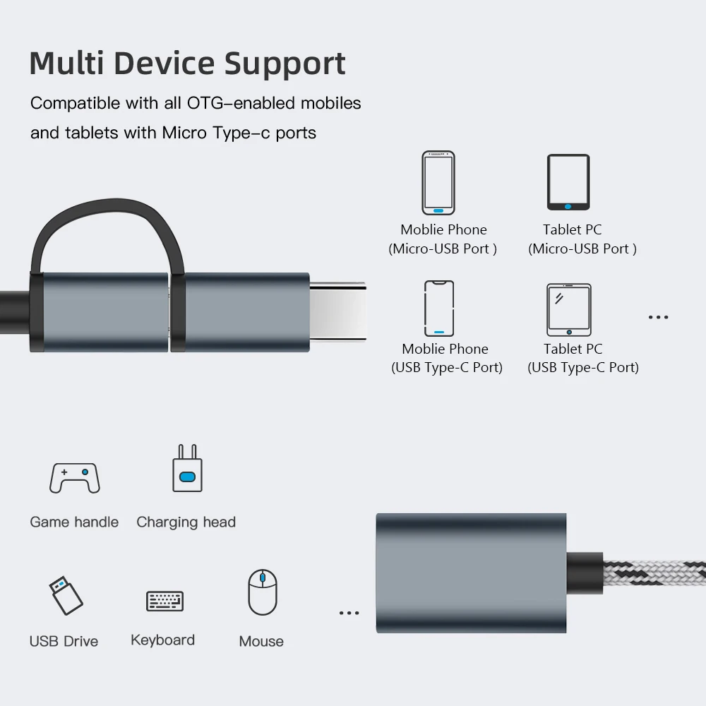 2 в 1 кабель адаптер OTG с разъемом Type C папа Micro USB на гнездо 3 0 мама нейлоновая