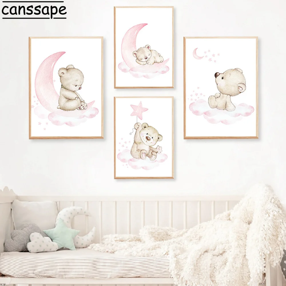 Розовая Звезда облако медведь на Луне постер детская печать настенная