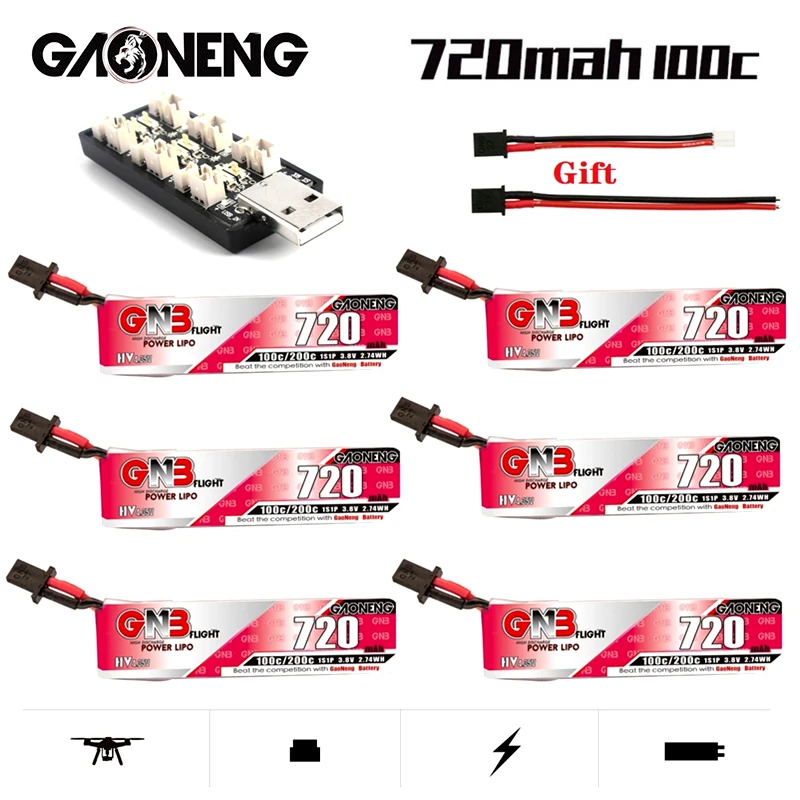 

GAONENG GNB 1S 720mah 3.8V 100C/200C HV Lipo Battery +Charger With GNB27 plug for Quadcopter FPV Drone Tinywhoop Frame RC Drone