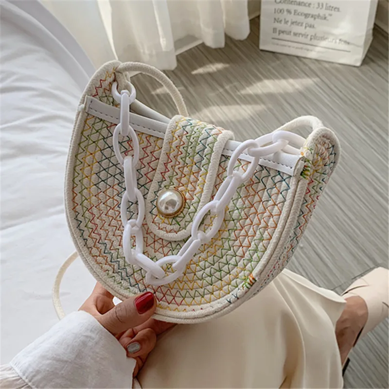 Круглая женская модная сумка через плечо с цепочкой тканая из хлопка веревкой