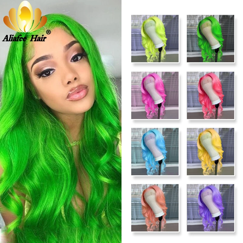 Aliafee 150% зеленый парик из натуральных волос перуанские волосы Remy волнистые желтые