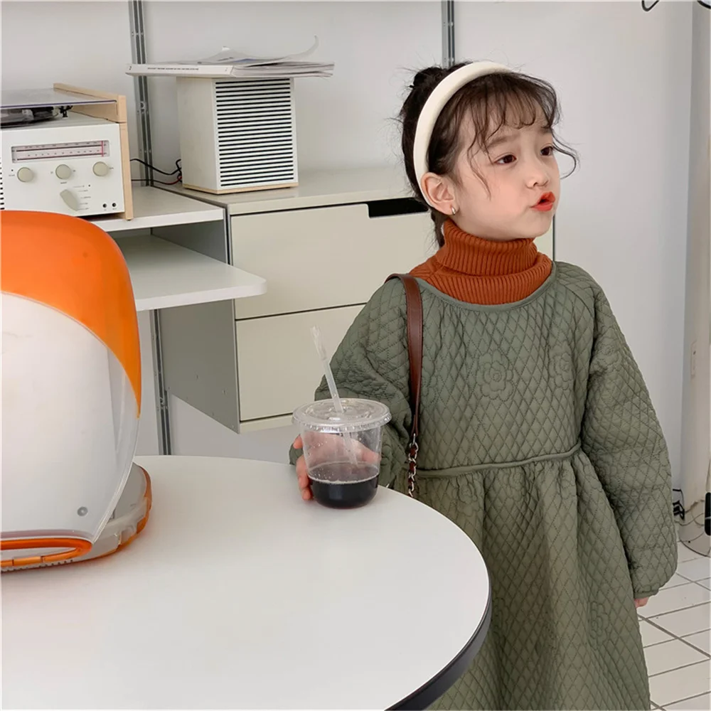 

Girls winter fashion solid color quilted long dresses Korean style little princess loose thick warm dress