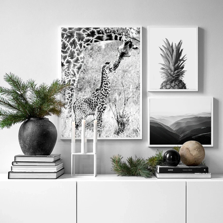 

Lion Elephant Giraffe Pineapple Palm Tree Wall Art Black White Posters Canvas Painting for Living Room Decor Modern Wall Picture