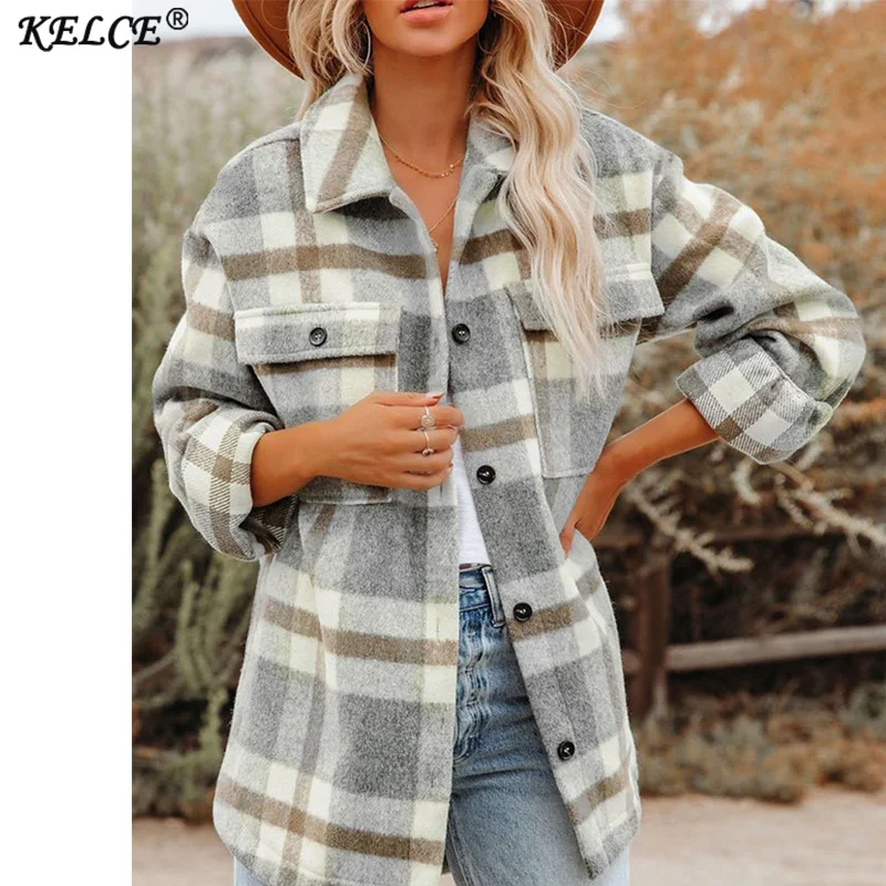 

KELCE 2022 Autumn Winter Womens Casual Overcoat Women's Fashion Long Sleeve Loose Check Wool Coat Plus Size Female Clothing