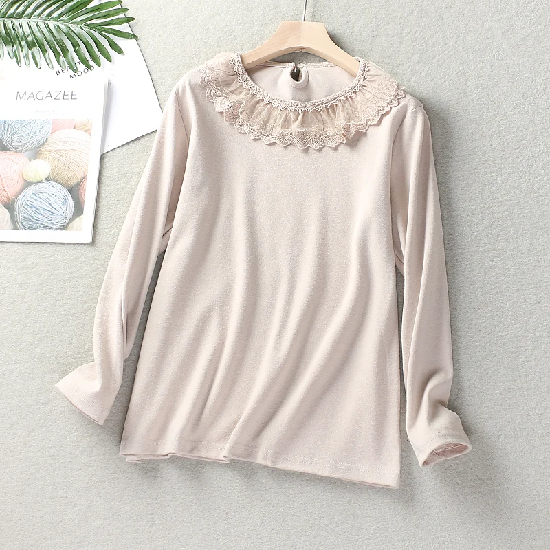 

4 colors-- Lace O-neck sweet kawaii long sleeve cotton t-shirt tee feminine 2020 autumn winte basic top