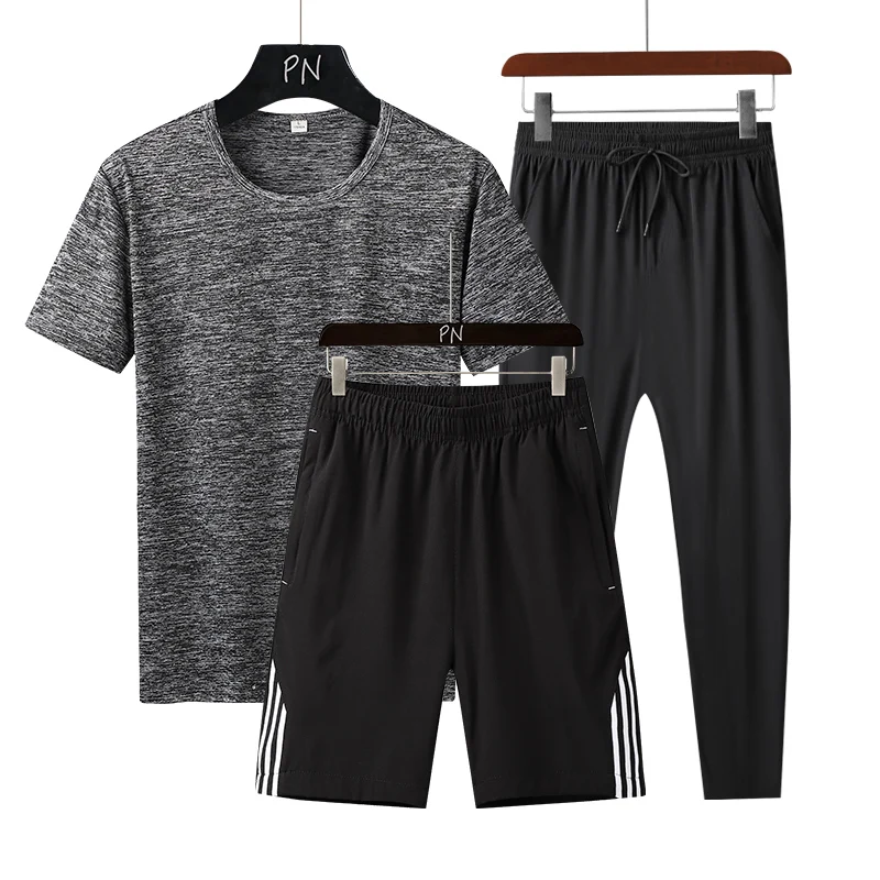

New Korean Three Piece Ice Silk Short Sleeve T-Shirt Men'S Summer Suit Sports Oversize Loose Quick Drying Running Set Boys