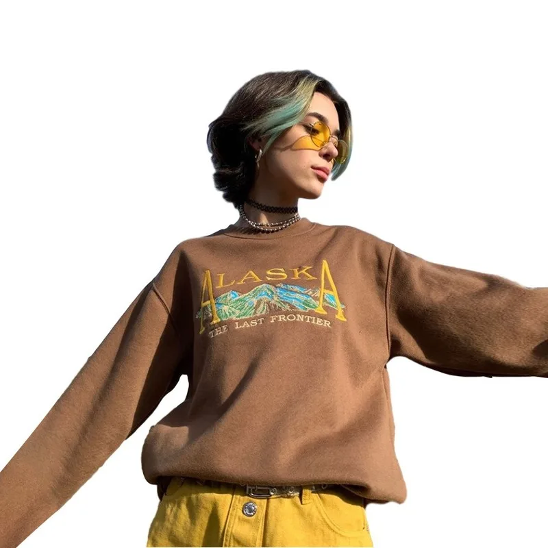 

Embroidery Brown Retro Fashion Brand Design Plus Size Thin Sweatshirt Women Round Neck Long Sleeve Loose Winter