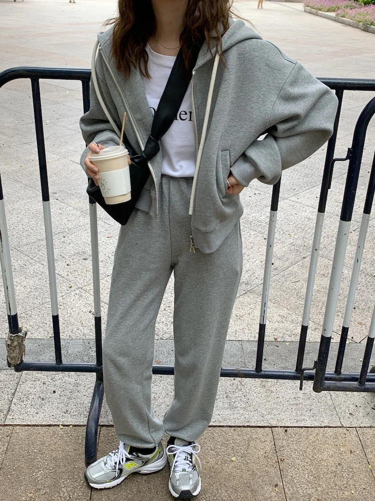 

Casual Thicken Spring Fall Tracksuits Women 2 Pieces Set Hooded Zipper Sweatshirts Top & Loose Pants Female Outfits 2021 Street