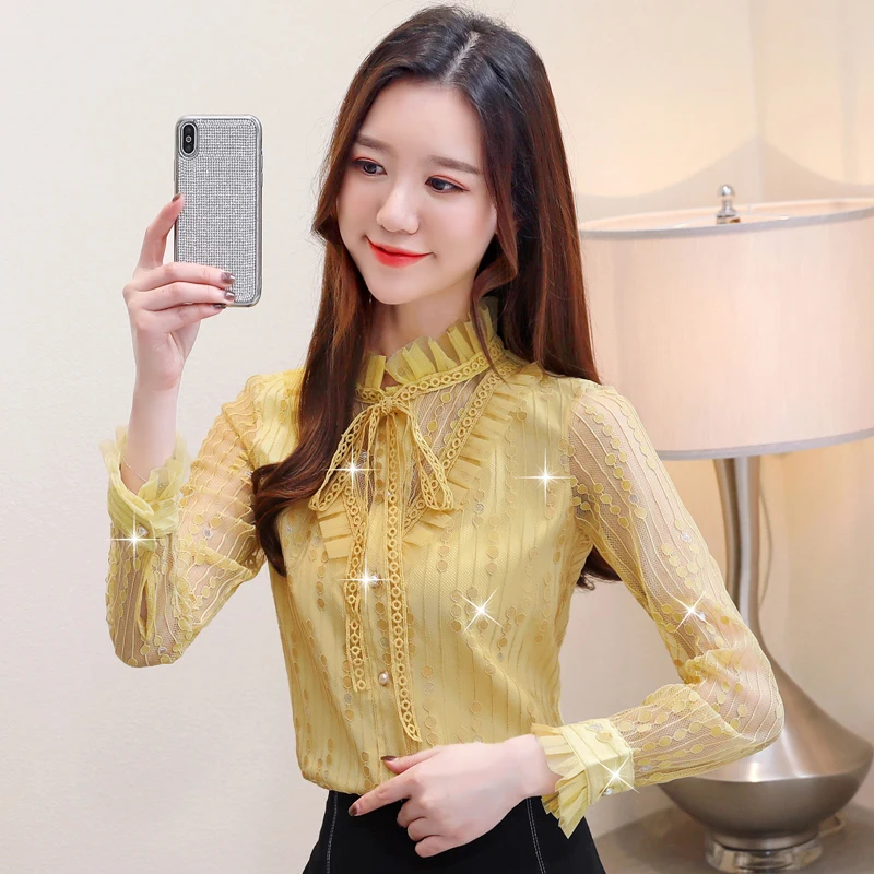 Корейская мода кружевные женские блузки для офиса белые рубашки размера плюс XXL