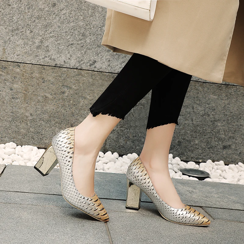 

WETKISS High Heels Thick Pumps Women Colorful Emboss Pu Pumps Pointed Toe Shoes Female Party Shallow Shoes Ladies Spring 2020