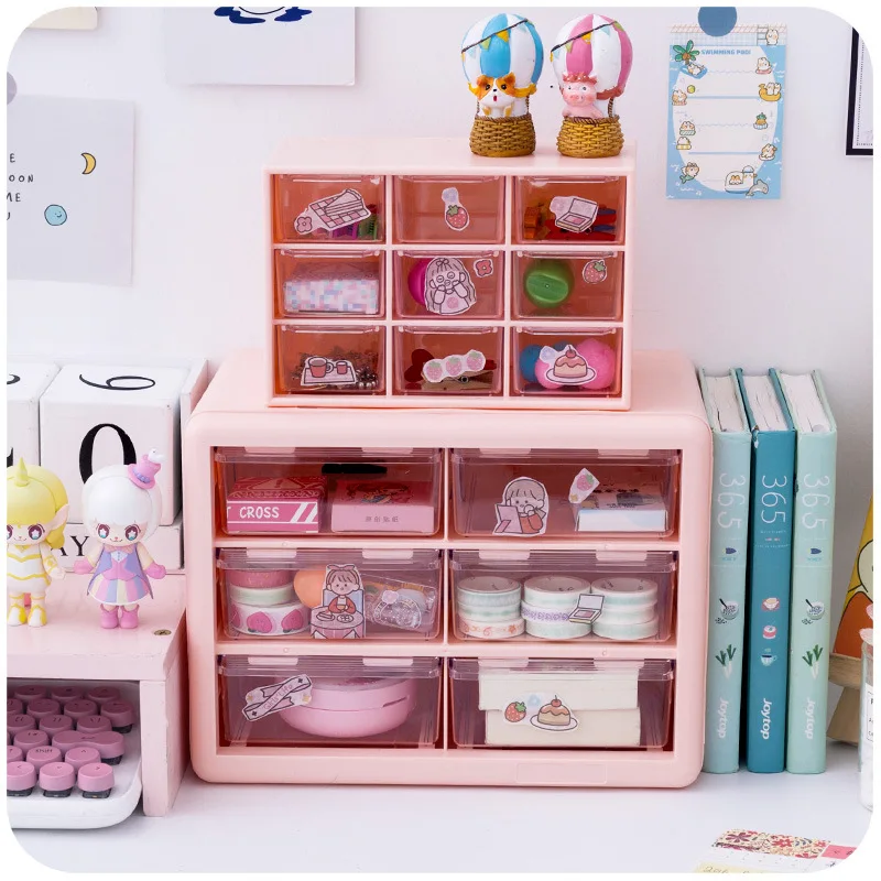 

Kawaii 9 Grid Rawer Desktop Organizer Sundries Cosmetics Storage Box Desktop Hand Account Tape School Stationery Accessories