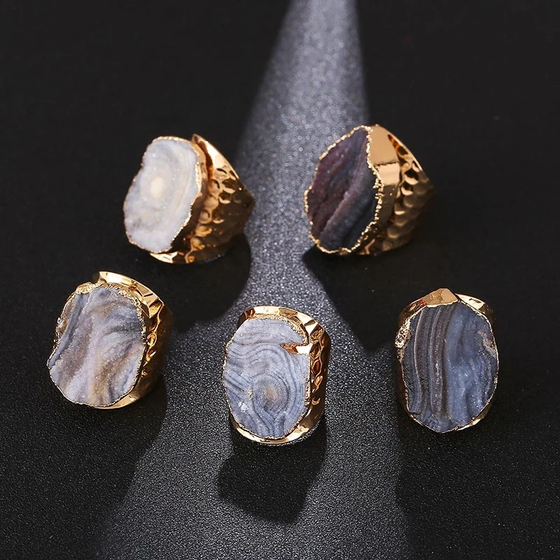 

Exquisite Genuine Milky Way Geode Raw Stone Ring For Women Gift Irregular Reiki Healing Natural Rock Crystal Quartz Ring 1pc