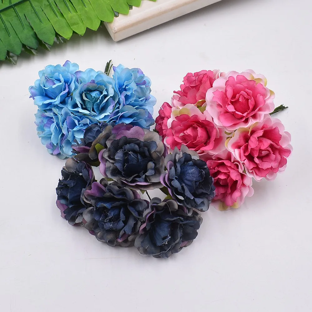 Искусственный цветок 6 шт. 5 см Шелковый ярко-розовый букет роз для свадебного