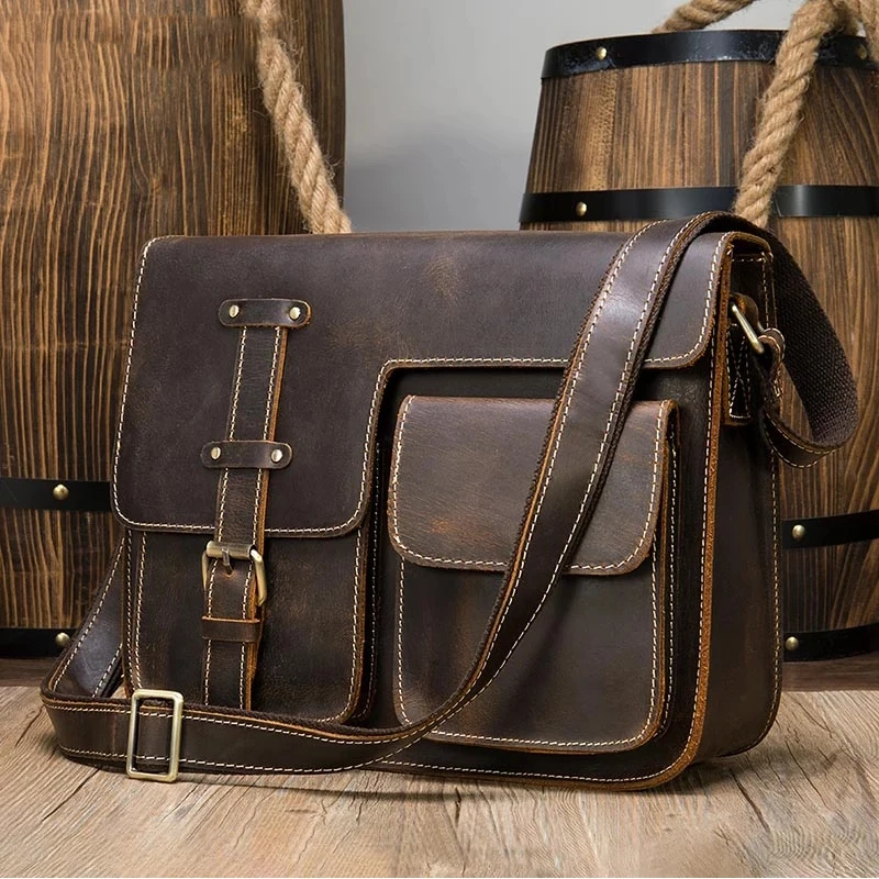 Luufan Crazy Horse Leather Messenger Bags For Men Designer Satchels Vintage Postman Men's Shoulder Bags Leather Man Handbag 1050