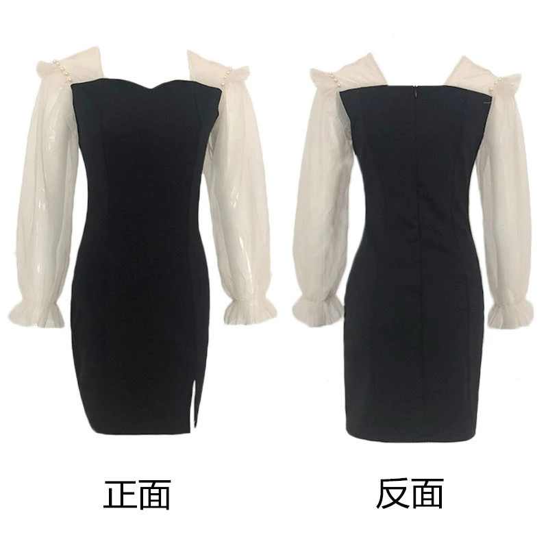 

Women's Spring and Autumn New Dress Square Collar Waist Slim Fit Retro Temperament Mesh Patchwork Split Mini Black Dress ML620