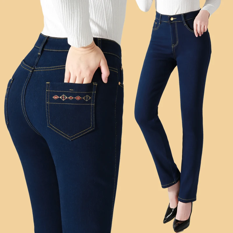 

Эластичные женские прямые джинсы с высокой талией для мам женские брюки среднего и пожилого возраста осенние женские облегающие стройнящи...