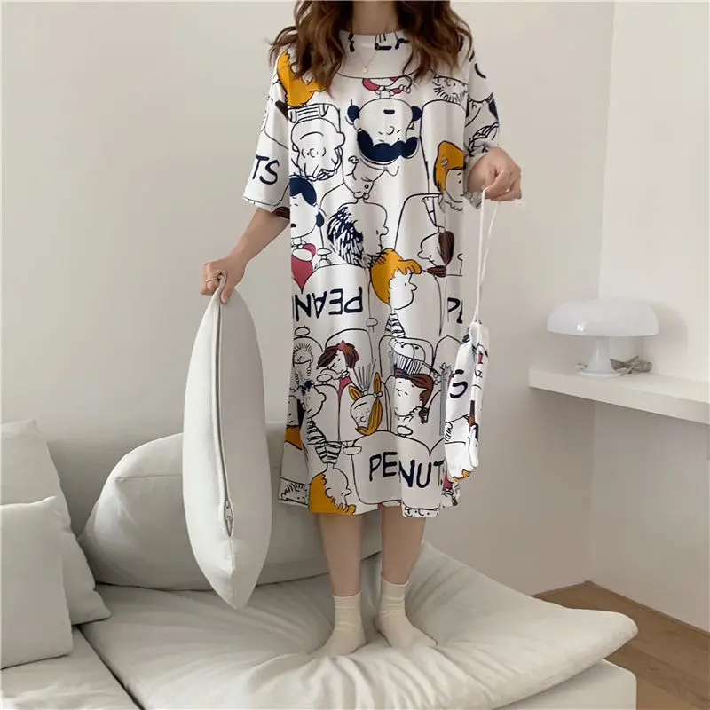 Summer Nightdress Women's Net Red Hot Home Clothes Thin Short Sleeve Pajamas Big Size Loose Cartoon Pregnant Women