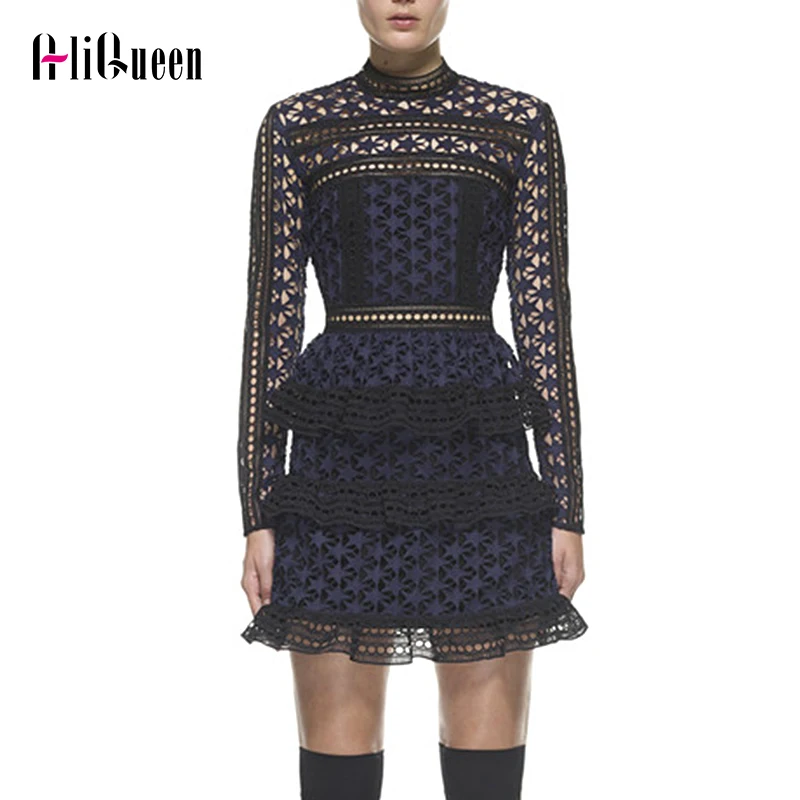 Высокое качество женское платье с длинными рукавами на весну геометрическим