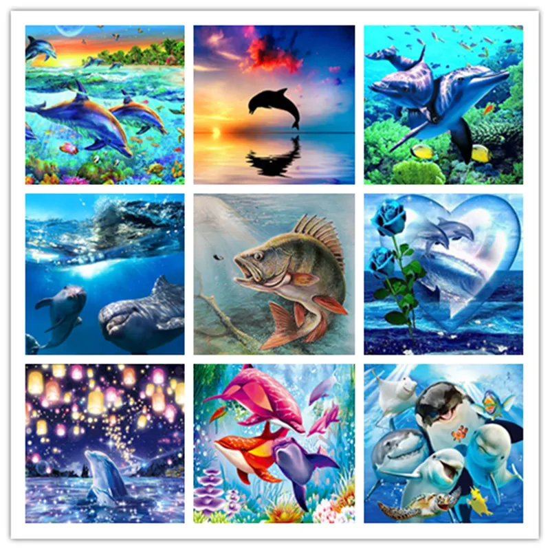 

5D DIY Full Round drill Diamond Undersea Scenery Fish Dolphin Shark Embroidery Cross Stitch Kit Handmade Gift Home Decoration