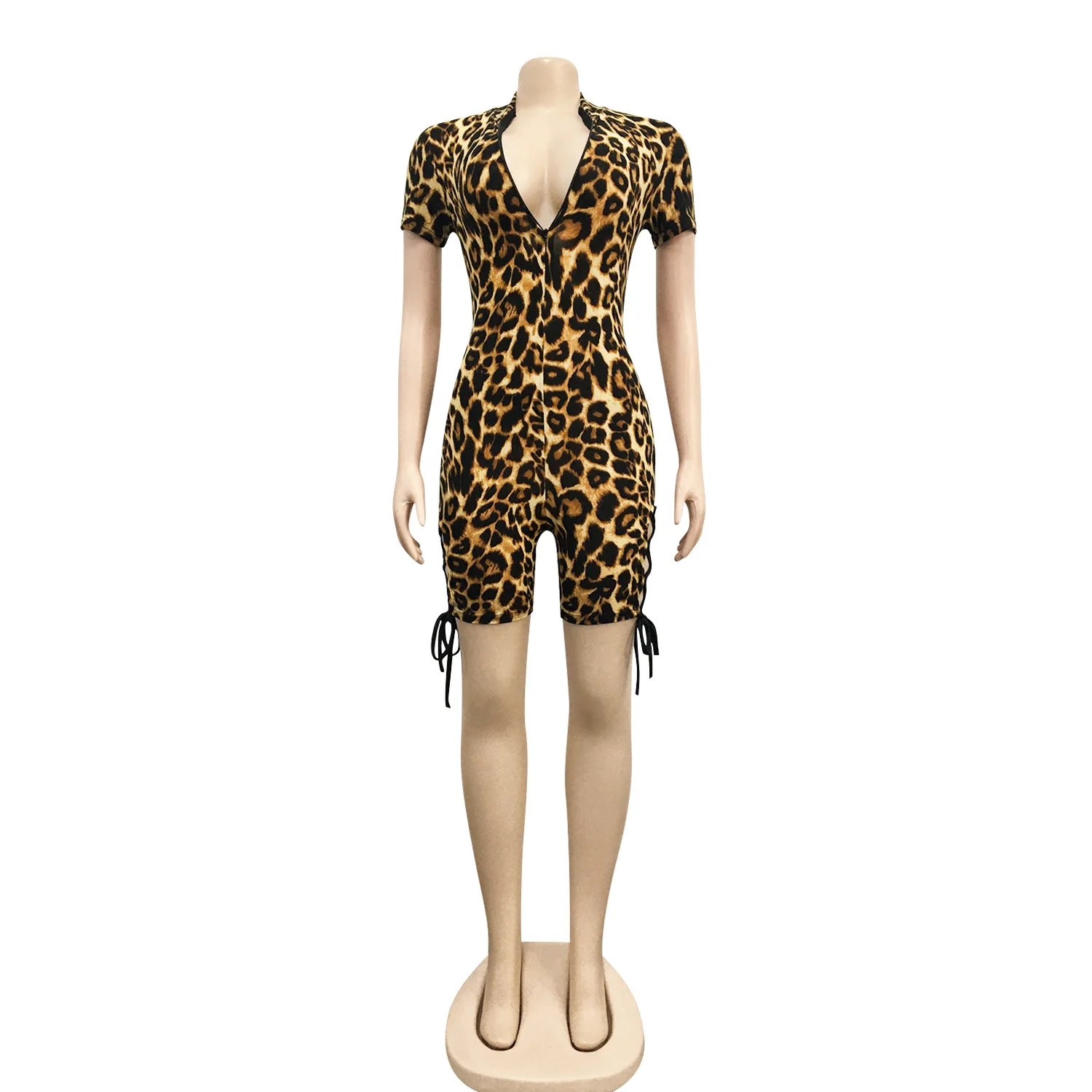 

Women's Sexy One Piece Bodycon Romper Club Outfits Front Zipper Leopard Printed Shorts Jumpsuit