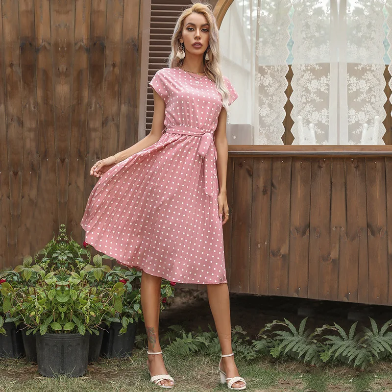 

Bohemian Dot Dress Summer Women O-Neck Short Sleeve Bandage Dresses Casual Commute Clothing 6 Colors Flying Sleeve Streetwear