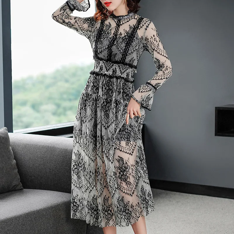 

Women Black Vintage Dress Summer Lace Mesh Dress Long Elegant Party Dresses Maxi Slim Vestidos De Fiesta LWL1681