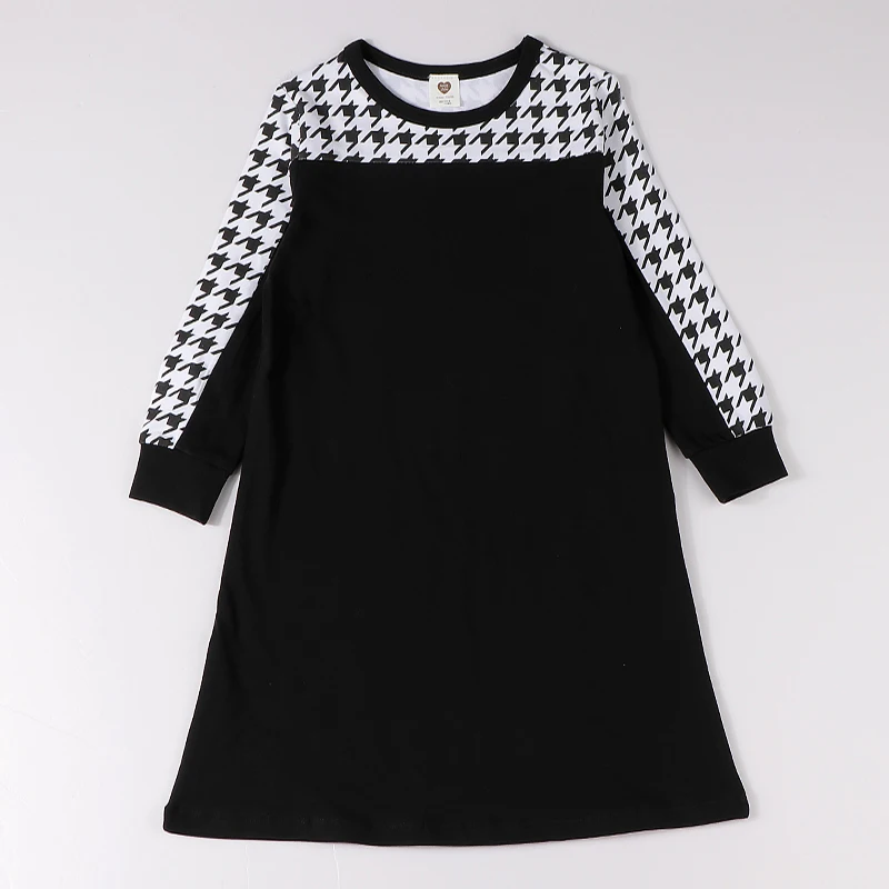 

Girls dress kids clothes long sleeves cotton children clothing dress black houndstooth girls clothes casual long preppy style