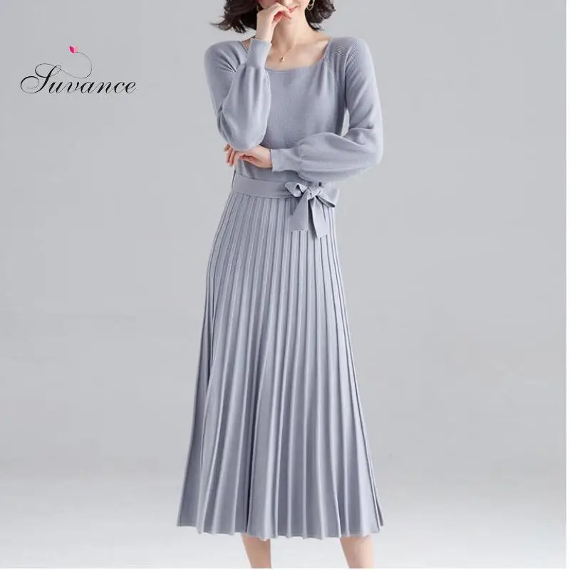 Осень зима 2019 модное трикотажное платье с круглым вырезом 4 однотонных цвета