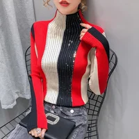 Europe Station 2021 New Fashion Women's Color Matching Sweater Heavy Industry Hot Drill Long Sleeve Bottoming Shirts For Women