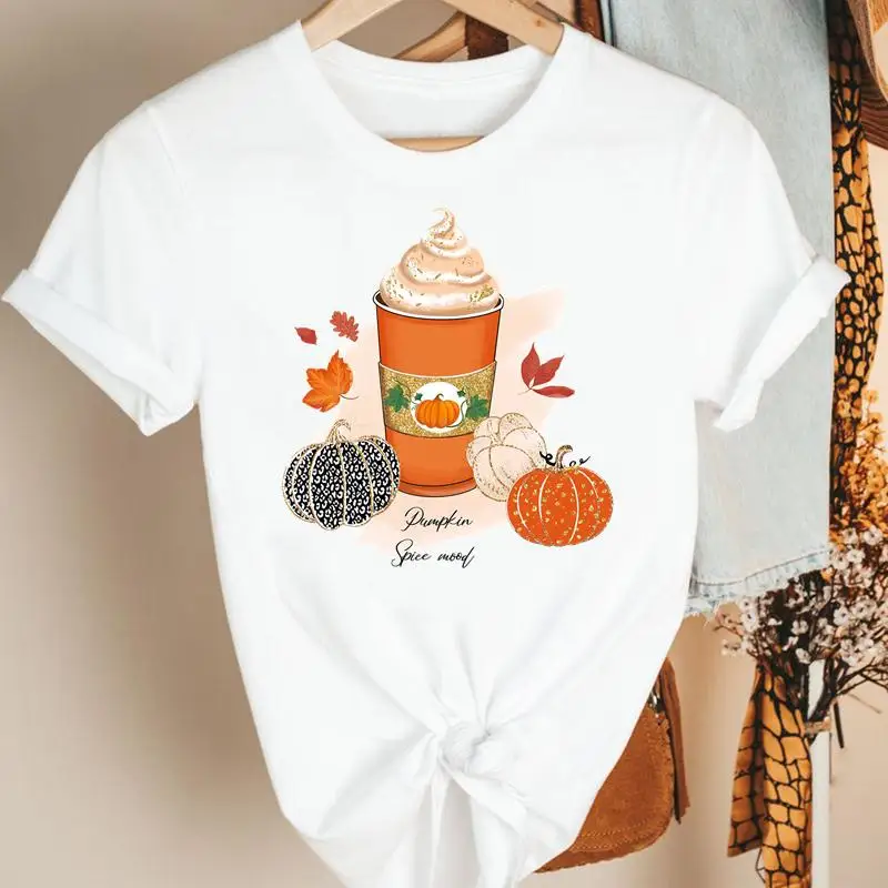 

Women Pumpkin Spice Coffee Autumn Fall Thanksgiving Halloween Clothing Cartoon Print Tshirt Female Tee 2021 Top Graphic T-shirt