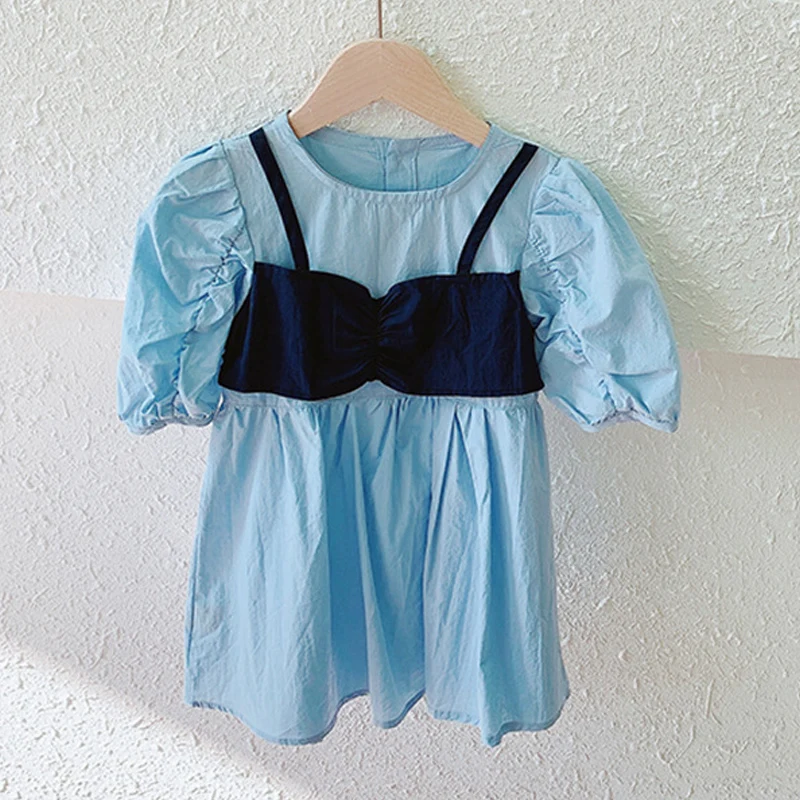 

Детское платье, новинка 2021, летнее платье в Корейском стиле из двух предметов с рукавами-фонариками, детская одежда, модное платье принцессы...