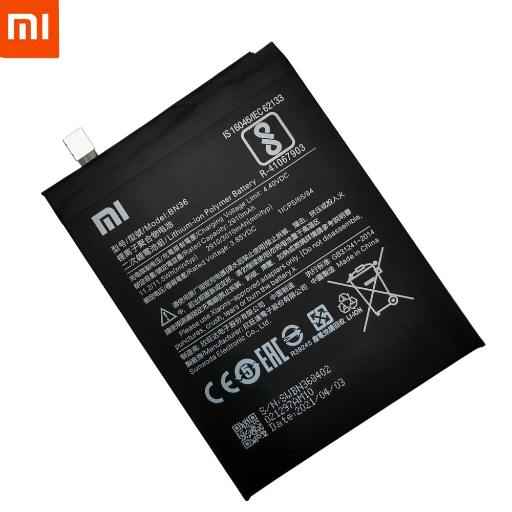 Bater&iacute;a original Xiao mi BN36 de 2021 mAh para Xiaomi 6X, A2, Mi6X, MiA2, M6X, MA2, reemplazo de tel&eacute;fono de alta calidad + herramientas, 100% a&ntilde;os, 2910-3
