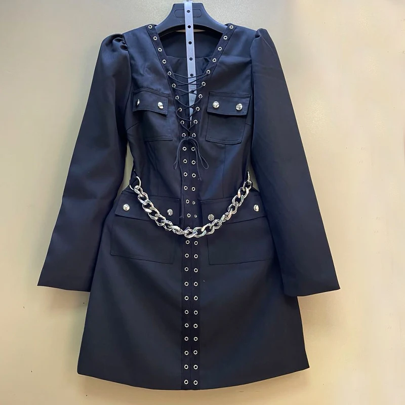 

Cool Eyelets and Drawstrings Long Sleeve Women Suit Dress Street Chic Metal Chain Belted V-neck Dress