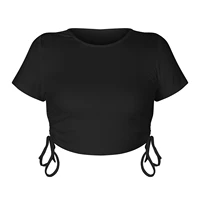 2021 womens new solid color summer round neck short sleeve drawstring tie short top casual fashion sexy midriff baring top
