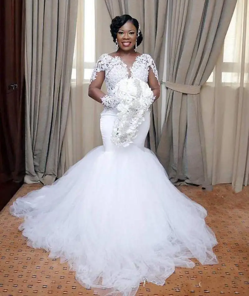

Jewel Neck Long Sleeves Lace Mermaid Wedding Dresses with Appliques African Lace-up Back Plus Size Bridal Gowns