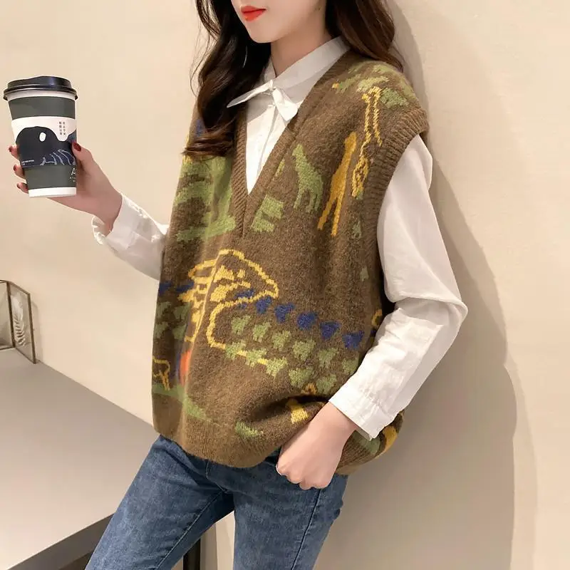 

V-neck Pullover women's sweater loose fashion jacquard vest knitted vest spring and autumn wear new trend