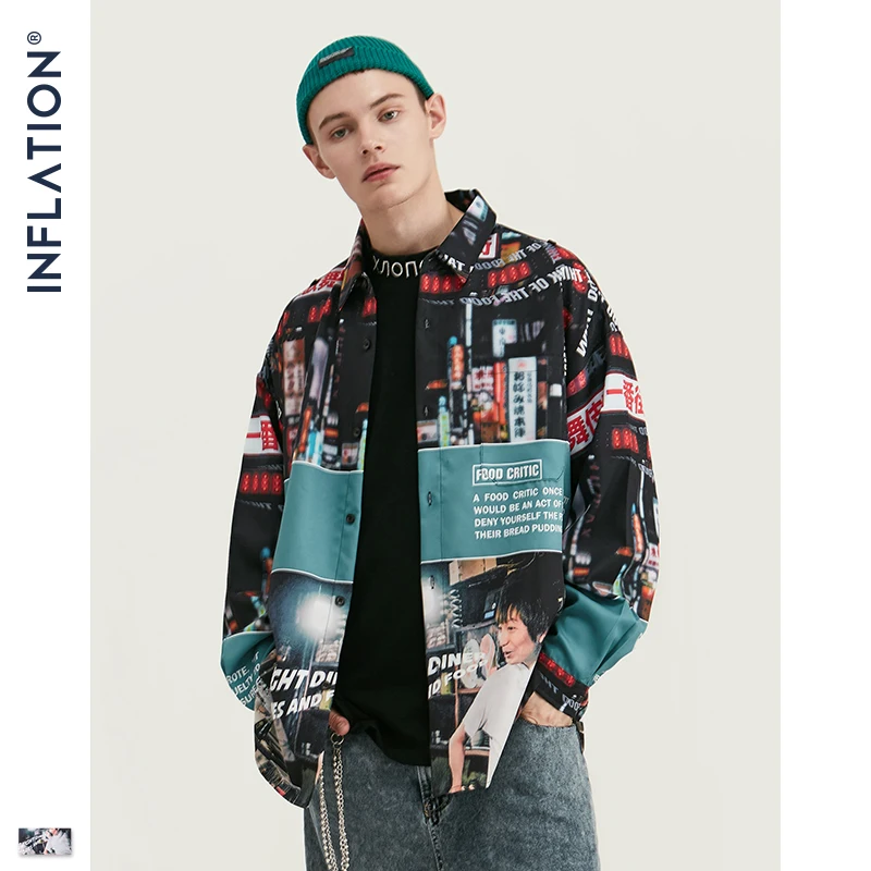 INFLATION свободная Мужская рубашка 2019 FW Harajuku цифровая печать мужские рубашки с