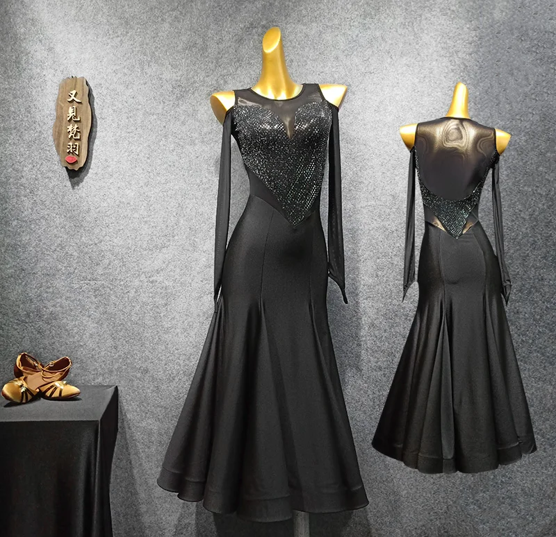 sexy ballroom dress standard dance for dancing waltz fringe sequins long tango black evening women | Тематическая одежда и