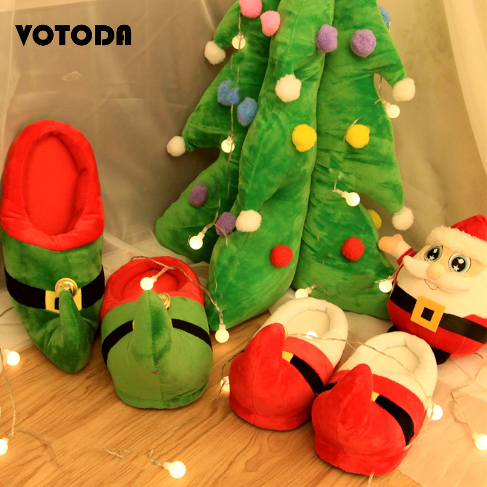 Теплые зимние домашние тапочки унисекс забавные рождественские плюшевые сланцы