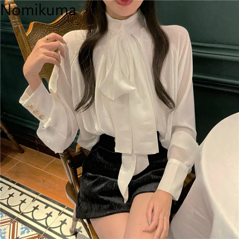 Шифоновые блузки Nomikuma женские элегантные рубашки с воротником-стойкой и