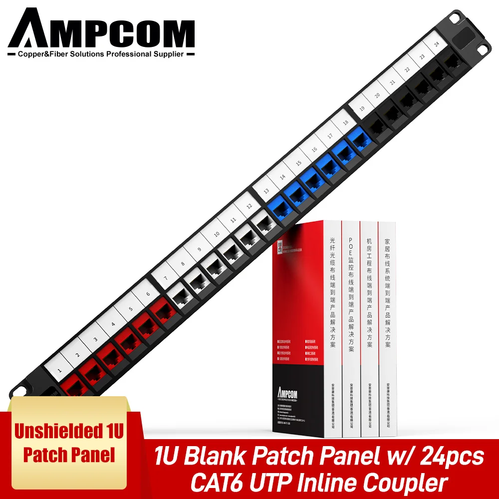 

AMPCOM 24 Port RJ45 Through Coupler Patch Panel with Back Bar, Wall Mount or Rackmount, CAT5E ,CAT6 ,CAT6A UTP Keystone Jack